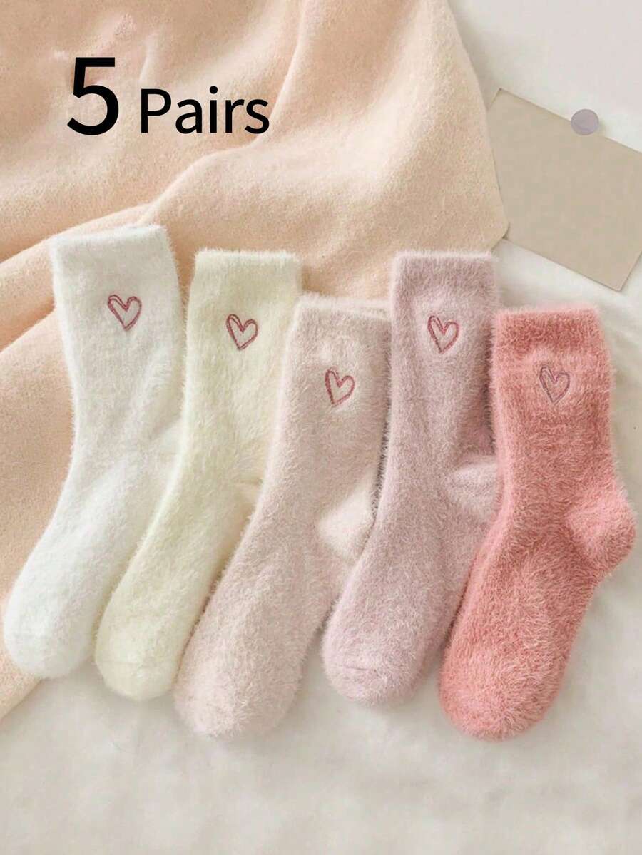 5 đôi tất dài đến bắp chân bằng lông giả thêu hình trái tim màu trơn cho bé gái, tất dài ngủ ở nhà dày ấm áp, tất lông nhung, mềm mại thoải mái, phù hợp cho bé gái từ 12-16 tuổi - Nhiều màu - Xem 1
