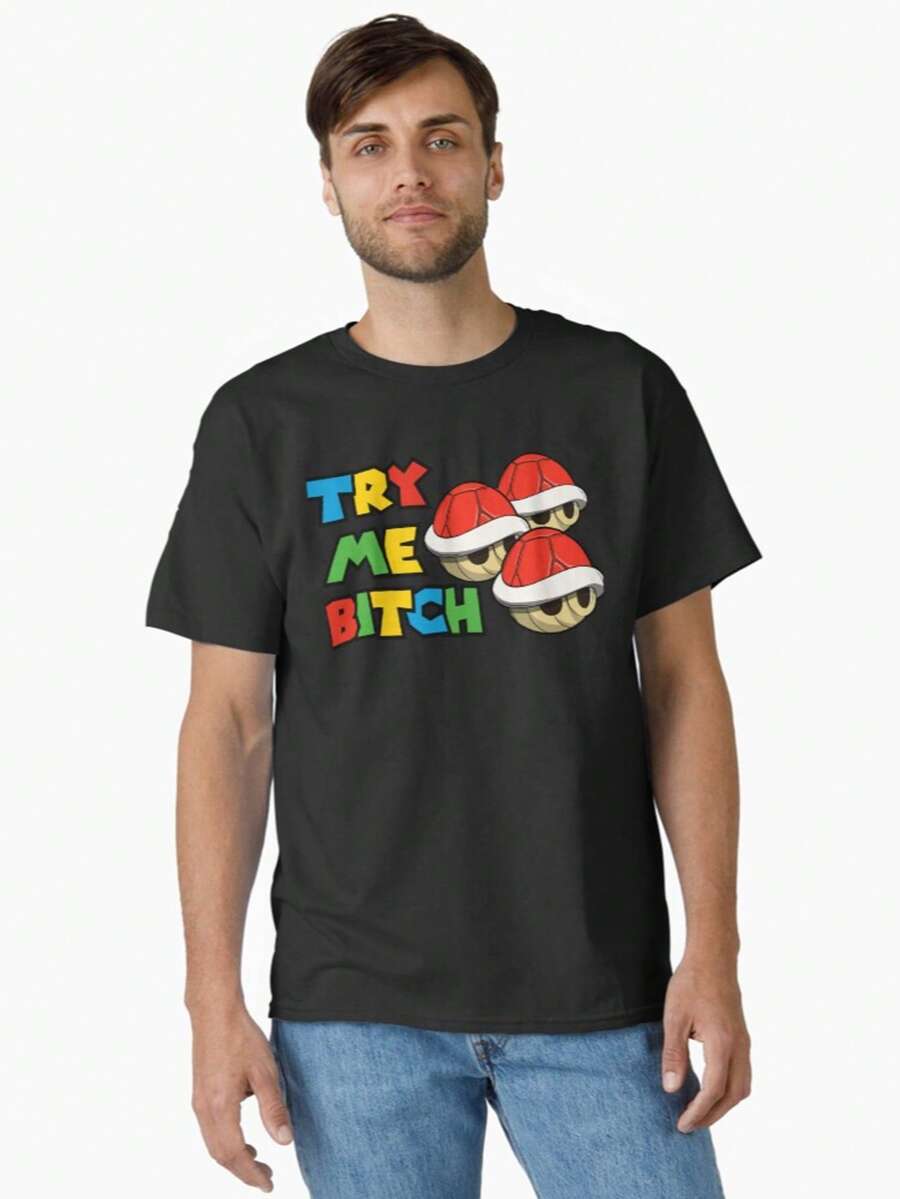Super Marios T-Shirt, Try Me (Red Shells) T-Shirt,Video Game Inspired Cotton Shirt - 100% Round Neck For Men & Women - Chibi Style Fan Art Design - Year-Round Comfort Wear & Unique Birthday Gift For Players - 黑色 - 查看 1