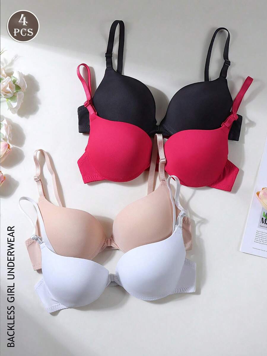 4 piezas Sujetador de niña con tirantes finos, espalda recogida y bonita, con hebilla frontal y espalda abierta, admite múltiples formas de uso - Multicolor - Ver 1