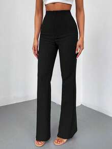 Women's Solid Black Casual Elegant High-Waisted Straight Leg Pants, Suitable For Daily Wear, Office Commute, Home, Dates, Small Parties, Light Social Occasions