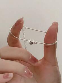 BALMORA 1 pieza Pulsera de plata de ley 925 con cuentas en forma de corazón, emparejada con una cadena minimalista de hueso de serpiente, adecuada para el estilo coreano de vestir de mujeres, uso diario, también se puede regalar a amigos - Plateado - Ver 3