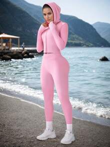 Ensemble sweat-shirt à capuche zippé et pantalon ajusté à la taille pour femmes, couleur unie - Rose bonbon - Voir 3