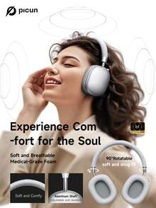 Picun F5 35dB ANC 50H Playtime Custom EQ, Protein-Leather Cushions, Silver, Over-Ear Wireless Headphones With 40mm Drivers Dual-Mic Noise Reduction Foldable Type-C Fast Charge 3.5mm Wired, Compatible With Iphone/Android/PC, Ideal For Travel & Work