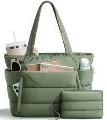 Puffer Tote Bag For Women, Lightweight Puffy Work Handbag Teacher Nurse Quilted Shoulder Bag For School Travel Gym - Sage Green - 查看 1