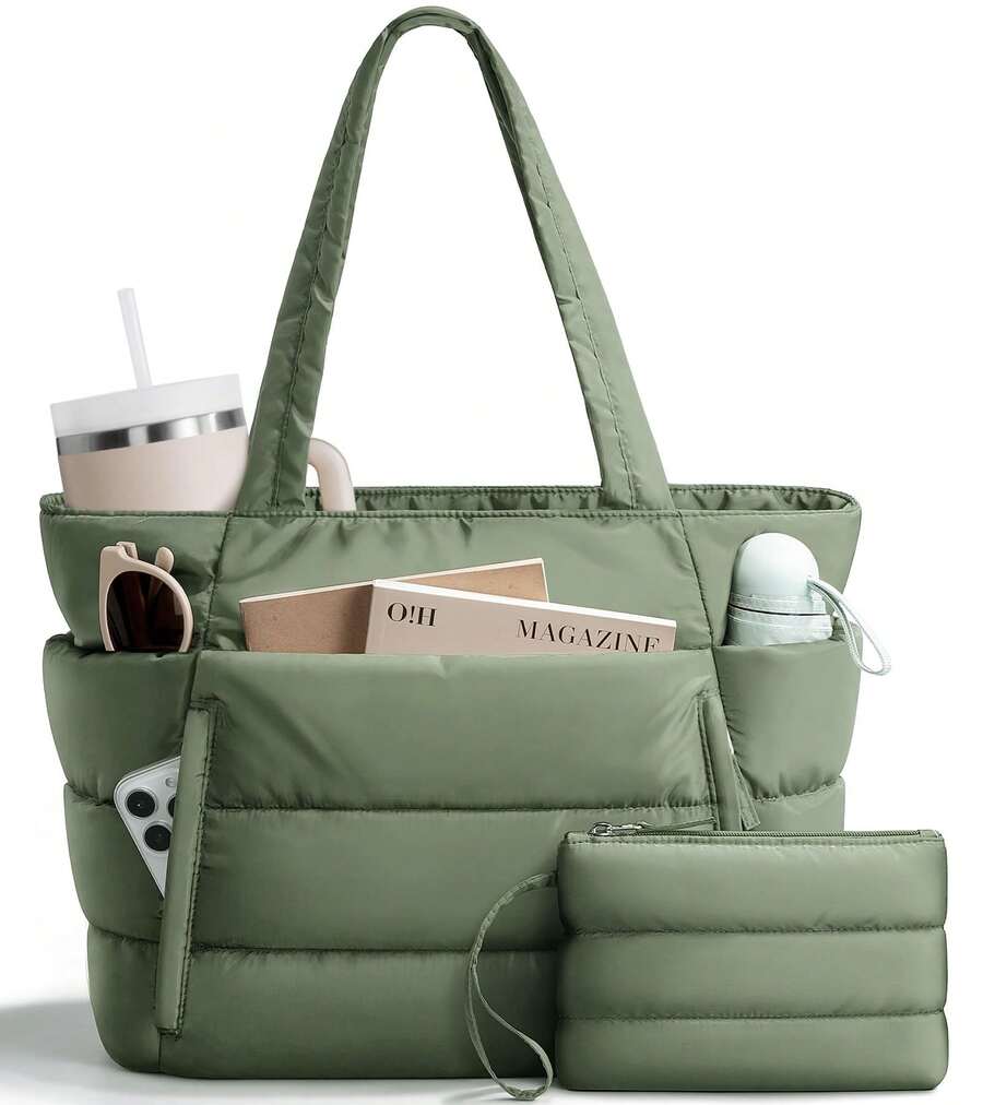 Puffer Tote Bag For Women, Lightweight Puffy Work Handbag Teacher Nurse Quilted Shoulder Bag For School Travel Gym - Sage Green - 查看 1