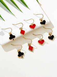 4 Pairs , Fun European & American Style Metal Playing Card, Red Heart, Black Heart Pendant Earrings Set For Women, Suitable For Festivals, Parties, Daily Wear - Multicolor - View 3