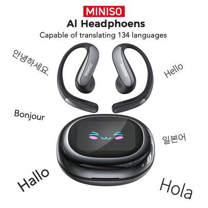 Miniso 名创优品 MS203 AI 开放式入耳式耳机：135 种语言实时翻译，22 小时超长续航，高清触控+无损音质，适用于音乐、游戏、健身等多场景