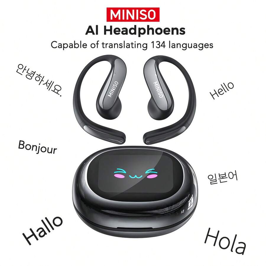 Miniso 名创优品 MS203 AI 开放式入耳式耳机：135 种语言实时翻译，22 小时超长续航，高清触控+无损音质，适用于音乐、游戏、健身等多场景 - 黑色 MS203 AI - 查看 1