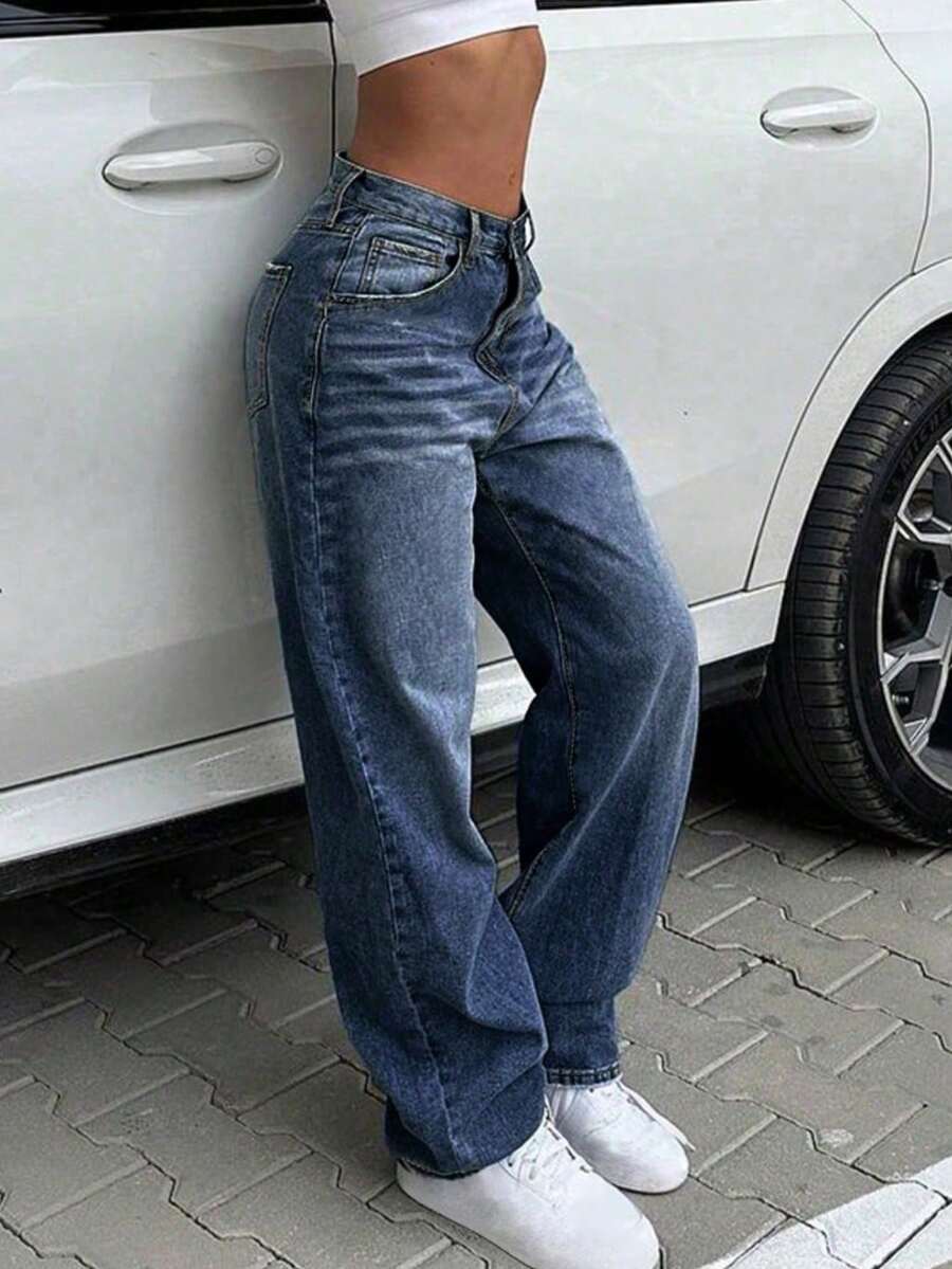 Women's Vintage Loose Boyfriend Straight Leg Jeans - Dark Wash - View 1