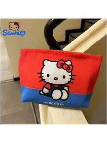 Sanrio 1 件 Hello Kitty 可爱卡通红蓝撞色猫手提包口红化妆盥洗用品收纳包学校文具生日礼物，适合圣诞节礼物、节日礼物、节日礼物指南