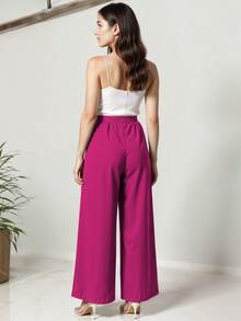 Pantalón Cintura Alta con Lazo Decorativo Estilo Fluido Corte Amplio Pierna Ancha Diseño Cruzado Femenino Casual y Elegante Moda Mujer - Rosa Fucsia - Ver 5