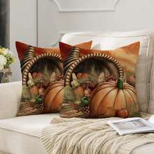 2 piezas (solo funda de almohada, sin relleno) Fundas decorativas de almohada con estampado de leopardo y cuadros de estilo de pintura al óleo vintage con diseño de calabaza, de lino cuadrado, adecuadas para dormitorio, sofá, sala de estar, oficina, hotel, granja, decoración de fiestas, Acción de Gracias, Día del Trabajo