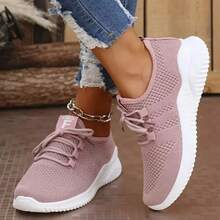 Women's Lightweight Breathable Mesh Sports Shoes - Features A Non-Slip Sole, Gray Low-Top Lace-Up Design For Casual Wear And Lightweight Training. These Comfortable Walking Shoes Offer Wear-Resistant Grip And A Sporty Style, With A Fabric Upper, Making Them Exclusive For Fitness Enthusiasts. - 粉色 - 查看 4