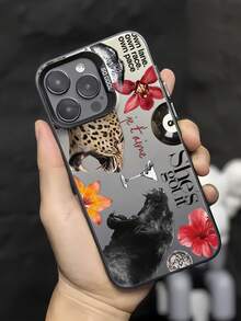 1pc Leopard Floral Patchwork Pattern Black IMD Shockproof Anti-Fingerprint Phone Case Compatible With IPhone 16/16Pro/16Plus/15/15ProMax/15Pro/11/12/13/14ProMax/11Pro/11ProMax/12Pro/12ProMax/13Pro/13ProMax/14Pro/14ProMax, Stylish & Creative