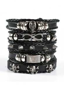 5 件哥特风格时尚个性化骷髅和星星金属装饰多层包裹 PU 皮革手链，适合男士日常佩戴，可作为送给家人或男朋友的礼物 - 黑色 - 查看 1