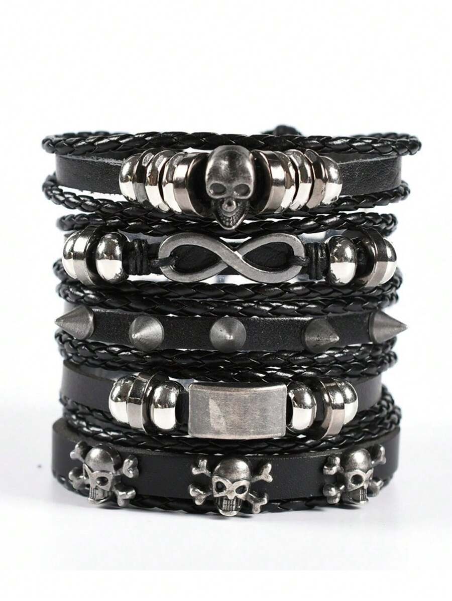 5 件哥特风格时尚个性化骷髅和星星金属装饰多层包裹 PU 皮革手链，适合男士日常佩戴，可作为送给家人或男朋友的礼物 - 黑色 - 查看 1