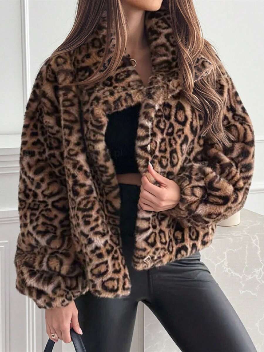 女式复古仿毛领前开襟毛绒冬季夹克，时尚外套 - 棕色 - 查看 1