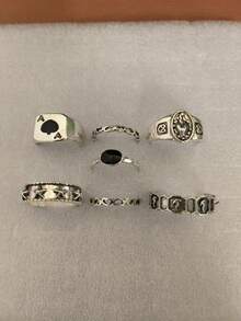 RINTOLER 7pcs Vintage Gothic Style Spade Heart Rings Set, Silver Closed Rings (Please Confirm The Size Is Suitable Before Purchasing As The Rings Cannot Be Adjusted In Size And Are Closed Rings.) - Antique Silver - View 6