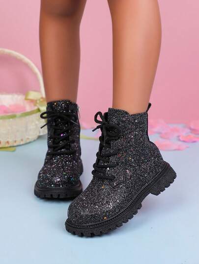 1 Pair Children's Fashion Casual Non-Slip Boots, Solid Color Shiny Lace-Up Design, Side Zipper Girls' Boots Suitable For Travel And Vacation (Random Sole)