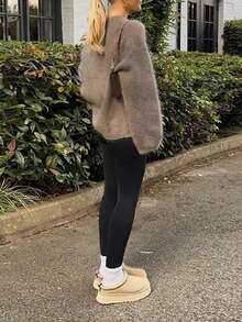 Women's Elegant Solid Color Casual Minimalist Dropped Shoulder Round Neck Loose Mohair-Like Sweater, Going Out Tops For Women, Brown Top, Women's Winter Sweater