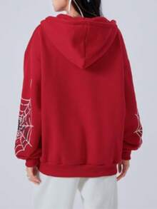 Y2K Spider Web Print Zip Up Hoodie, Long Sleeve Hoodies Sweatshirt, Women's Clothing  Halloween    Spring/Fall  Fall/Winter    Loose    Zipper  Drawstring - Đỏ - Xem 4