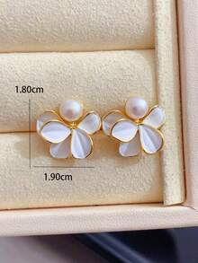 1 Pair Delicate Floral Petal Pearl Stud Earrings, Minimalist Chic Luxury Design, Versatile Elegant Earrings