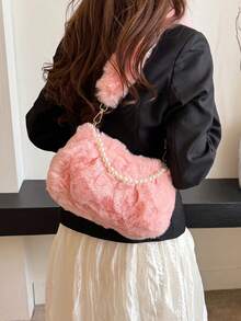 Geantă de mână plisată din pluș, la modă, cu decor de lanț de perle, culoare solidă, geantă de umăr portabilă pentru femei, potrivită pentru toamnă/iarnă, ideală pentru cadouri de sărbători