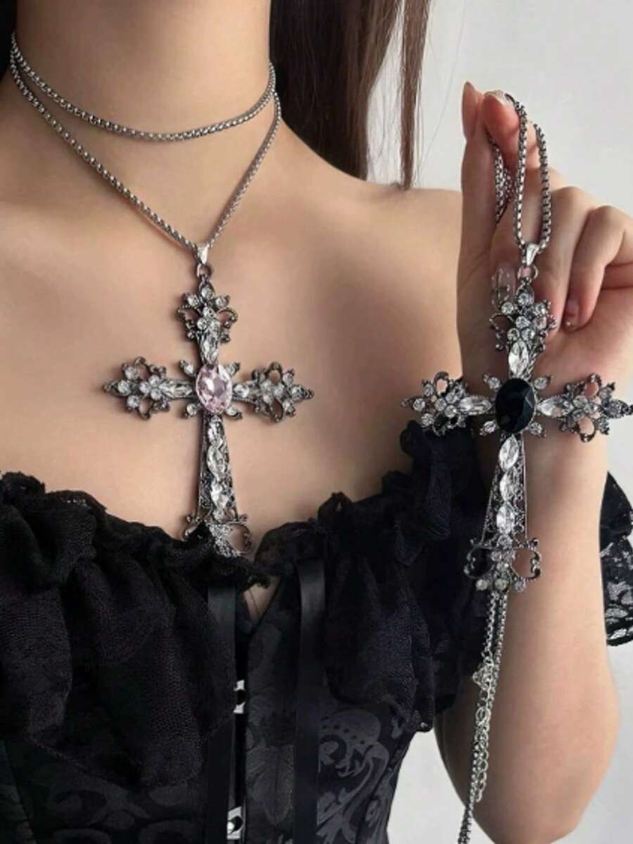 1 Piece Of Hollow Carved Cross Inlaid With Zirconia Ornate Gothic Multicolor Metal Necklace, Suitable For Daily Wear For Women's Party Dance - Multicolor - View 1