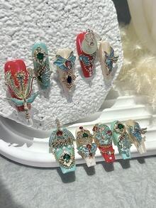 10 miếng dán móng tay hình Rồng và Phượng hoàng Trung Quốc cao cấp, làm thủ công theo phong cách cổ điển, mang ý nghĩa may mắn, thích hợp cho móng tay dài cô dâu, quà tặng Tết Nguyên Đán, kèm móng giả và dũa móng (1 miếng dán dạng thạch + 1 dũa móng). - Nhiều màu - Xem 2