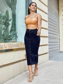 Women's Mid-Waist Side Slit Pocket Solid Color Elegant Mid-Length Denim Skirt, Suitable For Casual Daily Wear Spring - Tannin Original Color - View 3