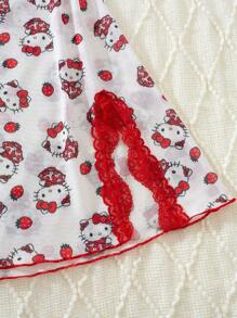 Sanrio 1 Stück Damen Rot und Weiß kontrastierende Farben Hello Kitty Erdbeere süßer Digitaldruck, Weihnachten, transparentes Mesh & rückenfrei Drucke, Weihnachten, V-Ausschnitt, Kontrast Spitze, Seitenschlitz, Rüschensaum, Babydolls, Sexy Dessous, Sexy Dessous Kleid