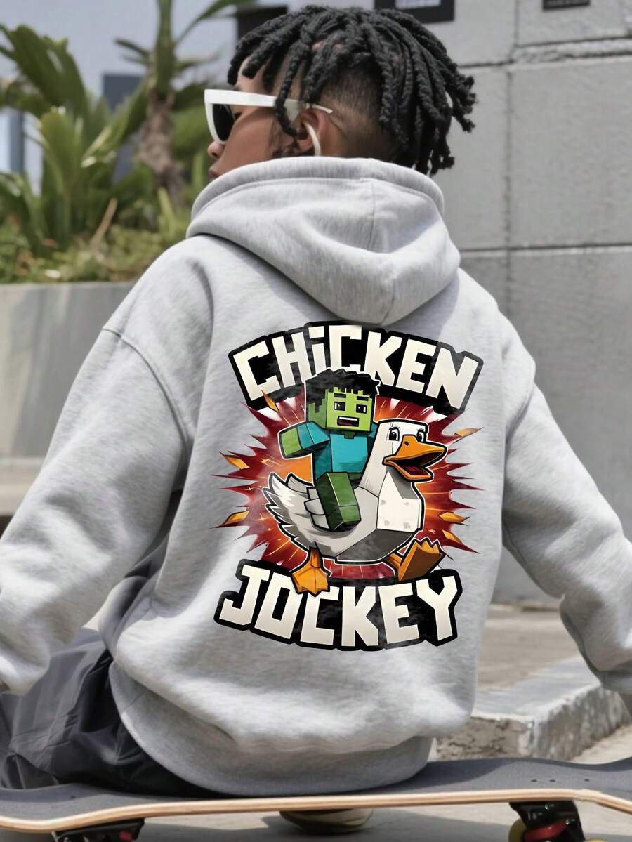 Teenage Boys' Casual Hooded Sweatshirt With Cartoon Graffiti Print, Suitable For Autumn/Winter Wear, For Shopping, Gathering, Travel And School