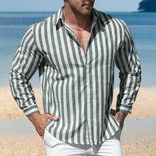 Men's Cotton Linen Striped Long Sleeve Shirt With Color Block, Ideal For Spring And Fall, A Comfortable And Casual Option As A Gift - màu xanh lá - Xem 2