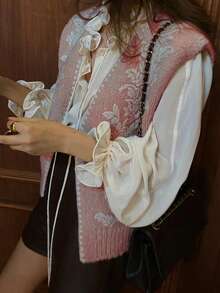 Alicedudu Chaleco de mujer con bordado floral hecho a mano, para otoño/invierno - Rosa - Ver 4