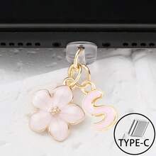 Dop de praf pentru port de încărcare telefon 2 în 1 cu sakura roz + 26 de litere, accesoriu rafinat cu pandantiv din aliaj, proaspăt, dulce și drăguț, decor pentru port de încărcare pentru smartphone, tabletă, căști Kindle, dop transparent anti-praf din silicon, potrivit ca un mic cadou, port de încărcare telefon impermeabil și anti-umezeală, compatibil cu iPhone Lightning/Type-C, protejează ferm portul de încărcare, design drăguț
