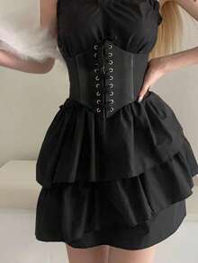 1pc-2pcs Wide Waist Belt, Black Western Style Accessory, Gift, Women's Waist Belt, Leather Belt, Cinch Dress, Solid Color Metal Eyelet Waist Cincher (Fits Waist Around 70cm), S-M Size, Beach Accessory, Versatile For Daily Wear, Evening Halloween Costume - Black - View 10