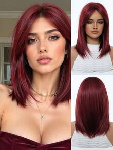 舒适自然弯曲 14 英寸玫瑰红色假发，带刘海，分层时尚假发，适合女士，合成纤维假发，非常适合度假、旅行、家庭聚会，每天佩戴假发 - 玫瑰紅 - 查看 2