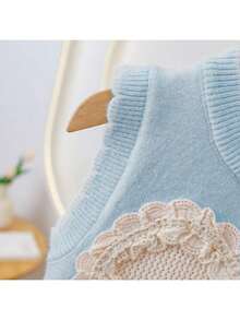 WUHUANG YIYI 女童休闲贴花蕾丝花边心形图案宽松薄款圆领毛衣背心开衫，适合春季外出