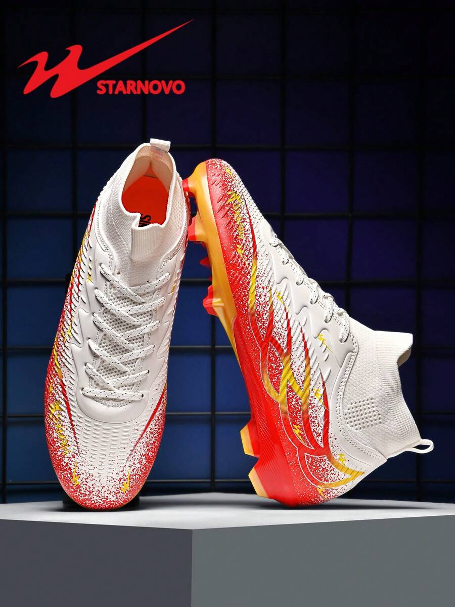 STARNOVO 男式足球鞋，防滑耐用钉鞋，弹力鞋领，PU皮革高频印花设计，时尚舒适，适合人造草坪和天然草坪足球训练/比赛。（本商品为标准尺码，脚窄建议小一码，脚宽建议大一码） - 紅白色 - 查看 1