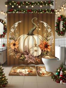 1/4 Pcs Pumpkin Autumn Thanksgiving Shower Curtain Set, Watercolor Floral Pumpkin Bathroom Set For Autumn Thanksgiving Harvest, Includes Shower Curtain And Rug, Waterproof Polyester Fabric Shower Curtain Bathroom And Home Decor, With 12 Hooks, Thanksgiving Decor, Autumn Decor, Halloween, Christmas Decorations Bathroom Decor