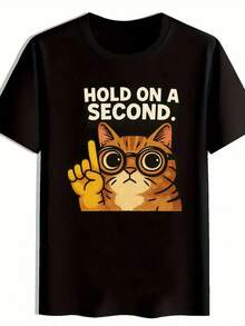 Men'S Funny "Hold On A Second" Cat Graphic T-Shirt - Black Casual Everyday Tee With Orange Tabby - Soft Stretch Fabric For Everyday & Formal Outfits - Ideal Gift For Cat Lovers - All-Season Comfort Fit, Cat Tshirt, Playful Design, Comfortable Fit, Medium Elasticity, Streetwear Style,  Tee, Breathable Material, Short Sleeve Shirt, Young Adults - 黑色 - 查看 2