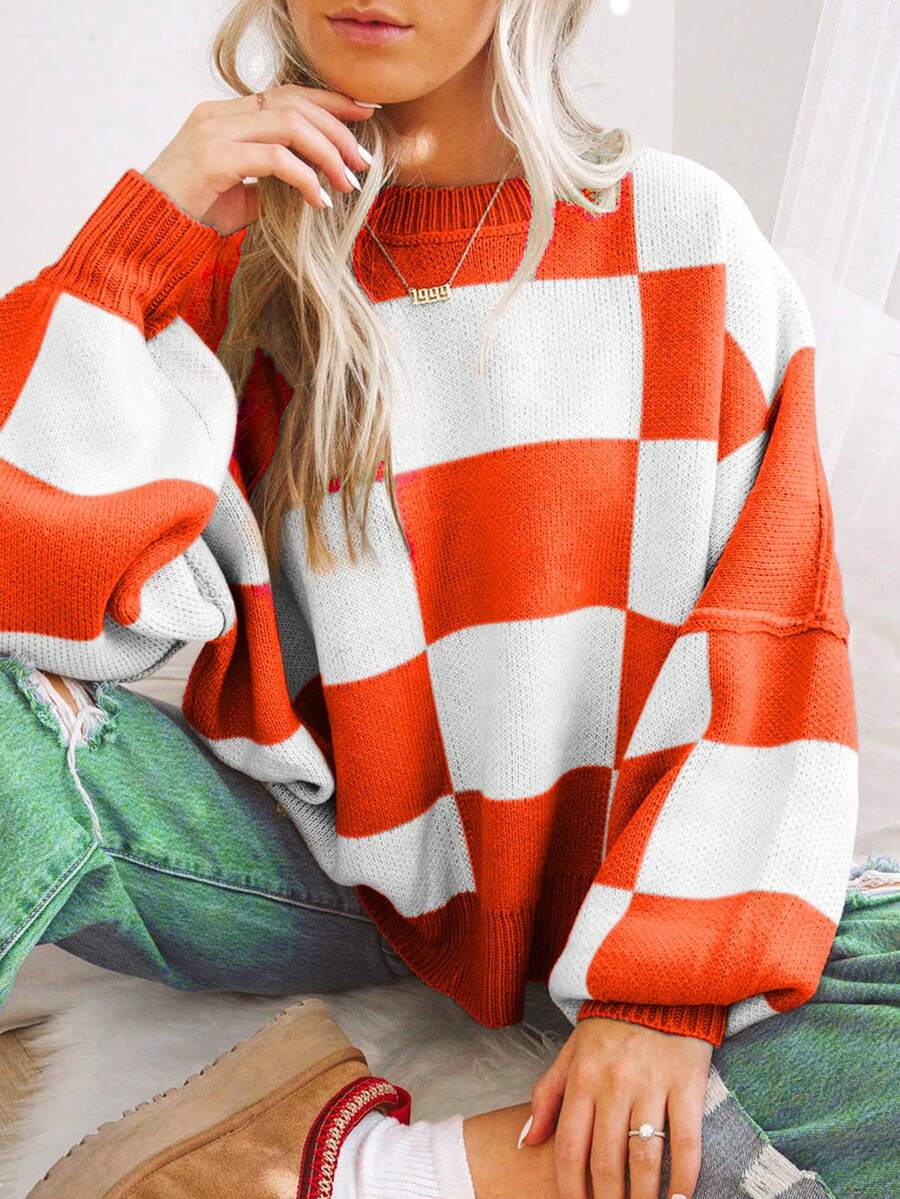 1 Áo len đỏ nữ, Áo len dệt kim kẻ caro tương phản, Áo dài tay cơ bản, Áo khoác ngoài thường ngày thu/đông cỡ lớn cho nữ