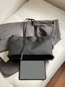 1 件黑色时尚简约大容量撞色拉链开合女士手提包，休闲百搭商务包适合日常使用、通勤、工作、学校，时尚纯色手提包，易于搭配各种服装，方便旅行收纳 - 黑色 - 查看 7