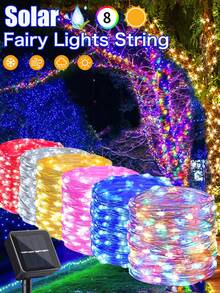 1入 LED 太陽能戶外串燈，8 種模式 DIY 銅線仙女花環燈 7M 50LEDS/12M 100LEDS/17M 150LEDS/22M 200LEDS/32M 300LEDS 聖誕燈飾裝飾，防水太陽能路徑燈適用於花園、露台、婚禮、派對裝飾 - 銅色 - 查看 3