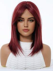 舒适自然弯曲 14 英寸玫瑰红色假发，带刘海，分层时尚假发，适合女士，合成纤维假发，非常适合度假、旅行、家庭聚会，每天佩戴假发 - 玫瑰紅 - 查看 6