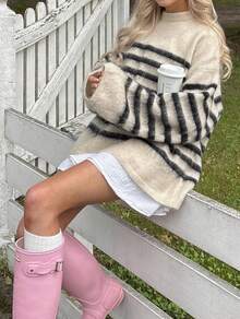 Suéter de cuello redondo SOOKAUG, jersey de punto casual con rayas de bloques de color de otoño que estilizan la figura