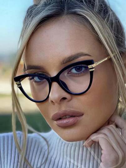 1 Çift Yeni Kedi Gözü Kadın Gözlüğü, Oval PC Çerçeve, Metal Saplar, Günlük Kullanım, Okuma, Telefon ve Bilgisayar Kullanımı İçin Uygun, Şeffaf, Minimalist Günlük