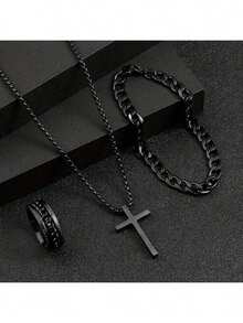 4pcs/Set Black Cross Chain Bracelet, Ring, Men's Business Formal Watch Jewelry Set, Ideal Gift (Only The Black Single Watch Will Be Delivered, The 3 Piecesaccessory Set Does Not Include The Watch)