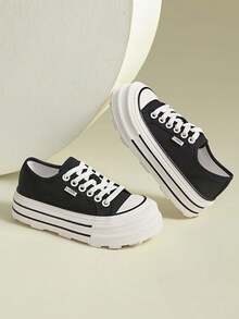 CAMEL CROWN Women's Casual Sneakers, Spring/Summer Thick-Sole Canvas Shoes, Classic Thick-Sole Casual Shoes - Black - View 2