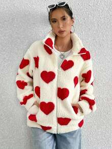 Women's Oversized Heart Print Fluffy Long Sleeve Zip-Up Cardigan, European And American Style, Autumn/Winter